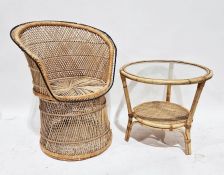 Bamboo and glass circular occasional table with under-shelf, a cane tub chair, a black leather and