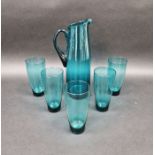 20th century teal-coloured glass jug and five matching glasses and another clear glass glass (7)