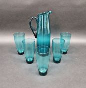 20th century teal-coloured glass jug and five matching glasses and another clear glass glass (7)