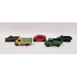 Five Dinky playworn diecast model cars to include 25V Bedford Refuge wagon- tan body and cab,