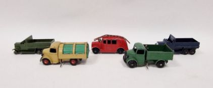 Five Dinky playworn diecast model cars to include 25V Bedford Refuge wagon- tan body and cab,