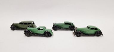 Four Dinky playworn diecast model cars to include 2 X No.36D Rover - dark green body, black