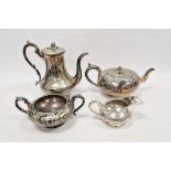 Four piece silver-plated tea set with acorn finial, foliate engraved decoration, marked to base 'G.