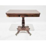 19th century mahogany fold-over top card table, square with round corners, having panel to frieze,
