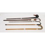 Assorted walking sticks, one with a carved mallard head, another with a sheep horn (5)