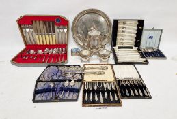 Loose flatware, fish servers, cased ware, a silver-plated three-piece teaset and a circular tray (