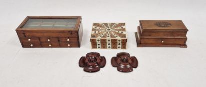 Selection of wooden boxes, to include a mauchline ware tiered lidded box with scene to lid depicting