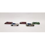 Five playworn Dinky diecast model cars to include No.38D Alvis Sports Tourer - Green body, black