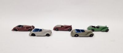 Five playworn Dinky diecast model cars to include No.38D Alvis Sports Tourer - Green body, black