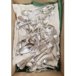 Quantity of silver plated flatware, varying patterns to include Kings pattern (1 box)