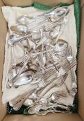 Quantity of silver plated flatware, varying patterns to include Kings pattern (1 box)