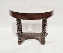 Victorian marble-topped mahogany demi-lune side table on twist supports, bun feet, 88cm high x