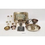Assortment of silver plate and other metal wares, to include silver plate mounted glass toilet jars,