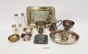 Assortment of silver plate and other metal wares, to include silver plate mounted glass toilet jars,