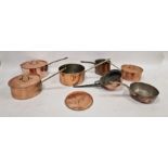 Seven various vintage copper saucepans, one marked 'Made in France', another marked 'Elkington'
