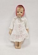Norah Wellings fabric doll, moulded fabric and painted face, red gingham bonnet, matching dress