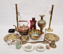 Quantity of copper and brassware to include a pair of tall brass candlesticks, a copper kettle and