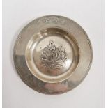 1960's silver circular dish with ship to centre, London 1969, maker C J Vander Ltd, 12cm diameter