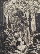 Sacke (20th century school) Lino print 'Jerusalem' street scene with figure, signed in pencil