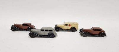 Four Dinky playworn diecast model cars to include No.36A Armstrong Siddeley Limousine - greybody,