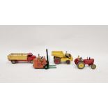 Four playworn Dinky diecast model cars to include No.27A Massey Harris tractor - red, tan driver,