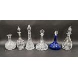 Thomas Webb cut glass decanter, 30.5cm high, a blue glass decanter with clear glass stopper and