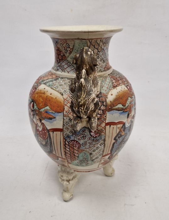 Large Japanese Satsuma earthenware koro, the raised vase with pair gilt dog handles, the body - Image 5 of 15