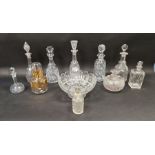 Assorted clear glass decanters, a bowl and bottles (7)