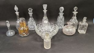 Assorted clear glass decanters, a bowl and bottles (7)