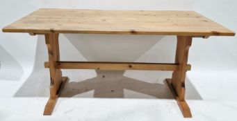 Pine refectory-style dining table, rectangular, 152cm long x 76cm wide, four stained pine-effect