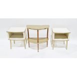 Pair mid-20th century cream fibre and gold bedside tables, each with crocodile skin-effect top, gold