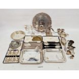 Quantity of plated ware to include silver-plated five-branch candelabra, serving dishes and a gilt-