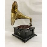 Antique HMV table-top gramophone, ebonised base with ornate scroll and pierced nickel arm,