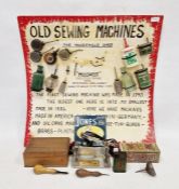 Collection of sewing machine oil cans and dispensers, an 'Airlyne' rug maker and other related items