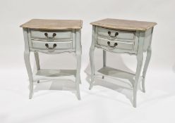 Pair of modern grey painted, serpentine fronted bedside chests with two drawers, on cabriole