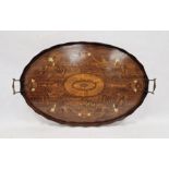 Large mahogany marquetry inlaid tray with piecrust rim and brass carry handles