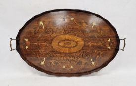 Large mahogany marquetry inlaid tray with piecrust rim and brass carry handles