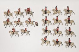 Collection of eight Britains 'Mounted Band of Lifeguards' in red and gold jackets (playworn) and a