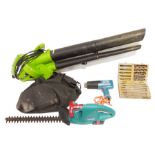 Bosch 41ACCU hedge trimmer, two Handy leaf blowers, a Black & Decker HG991 hot air gun, a Black &