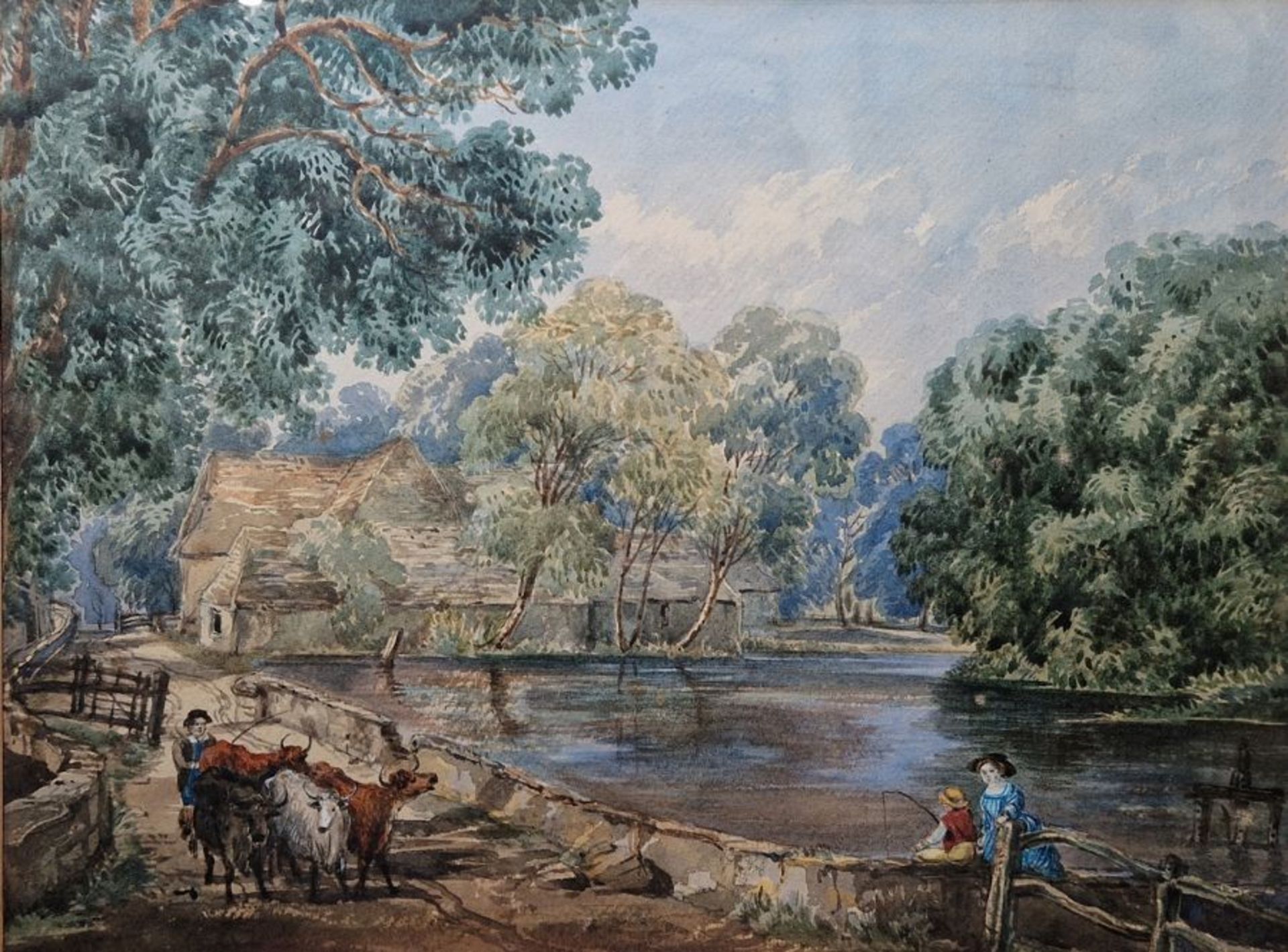 English School watercolour drawing Highland cattle being driven over a bridge by a boy, a young