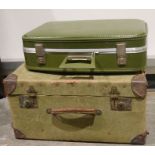 Vintage canvas and leather-bound suitcase and a further vintage leather suitcase (2)