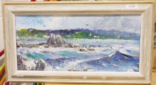 Morgan Hughes (20th century)  Oil on board Seascape with rocky outcrop, unsigned, 19cm x 41.2cm