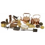 Sherratt & Simpson resin model of a labrador on a log, two copper kettles and assorted metalware and