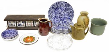 Studio pottery vase, a Carnlaw ceramics Wales jug, a Scandi-style blue glass vase, a set of six