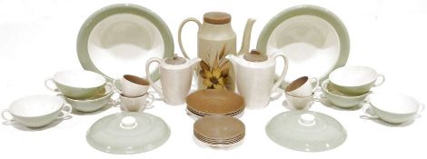 Quantity of Poole pottery twintone pattern table wares to include coffee pot, cups and saucers,