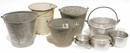 Metal enamelled bucket, three galvanised metal buckets, an aluminium 'The Good Companions' camping