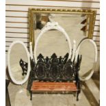 Modern gilt-framed wall mirror, a three-section mirror and a miniature wooden and cast iron bench (