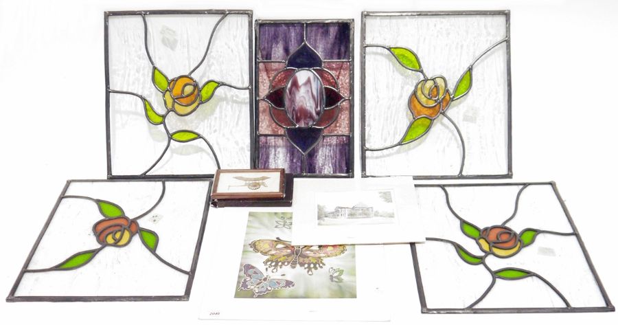 Five stained glass panels and assorted prints Condition ReportAll panels are in good condition, no