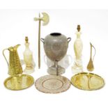 Philip Ashbury & Sons metal samovar, a pair of alabaster table lamps and assorted brass and copper