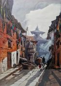 20th century Watercolour Traditional Nepalese street scene, indistinctly signed lower right,